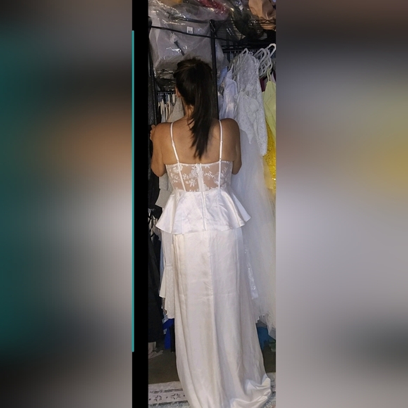 Lulus Iconic Adoration Wedding Dress New M White Satin Peplum Sheer Bustier Maxi - Picture 4 of 5